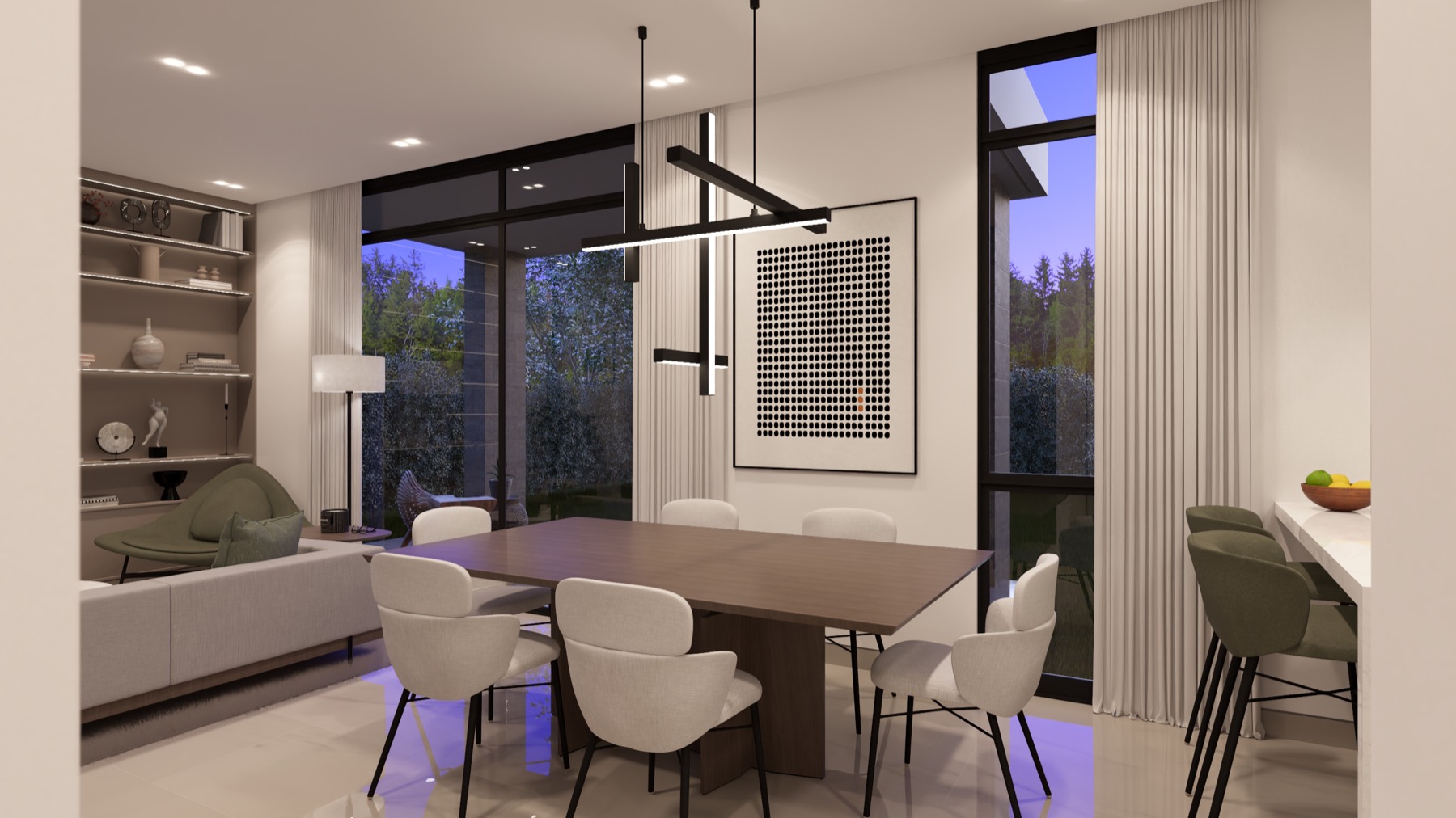 Comedor del Modelo Signature con ventanales de piso a techo